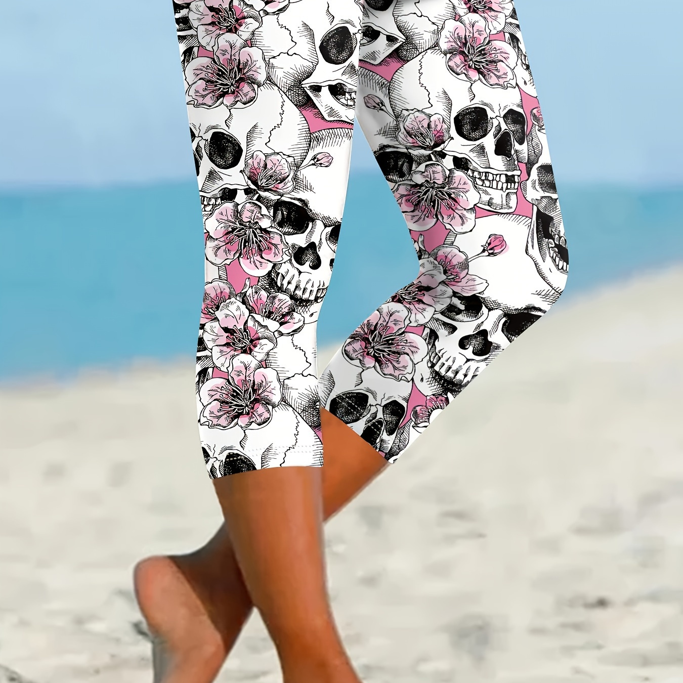 

Floral & Skull Print Skinny Leggings, Casual High Waist Stretchy Leggings For Spring & Summer, Women's Clothing