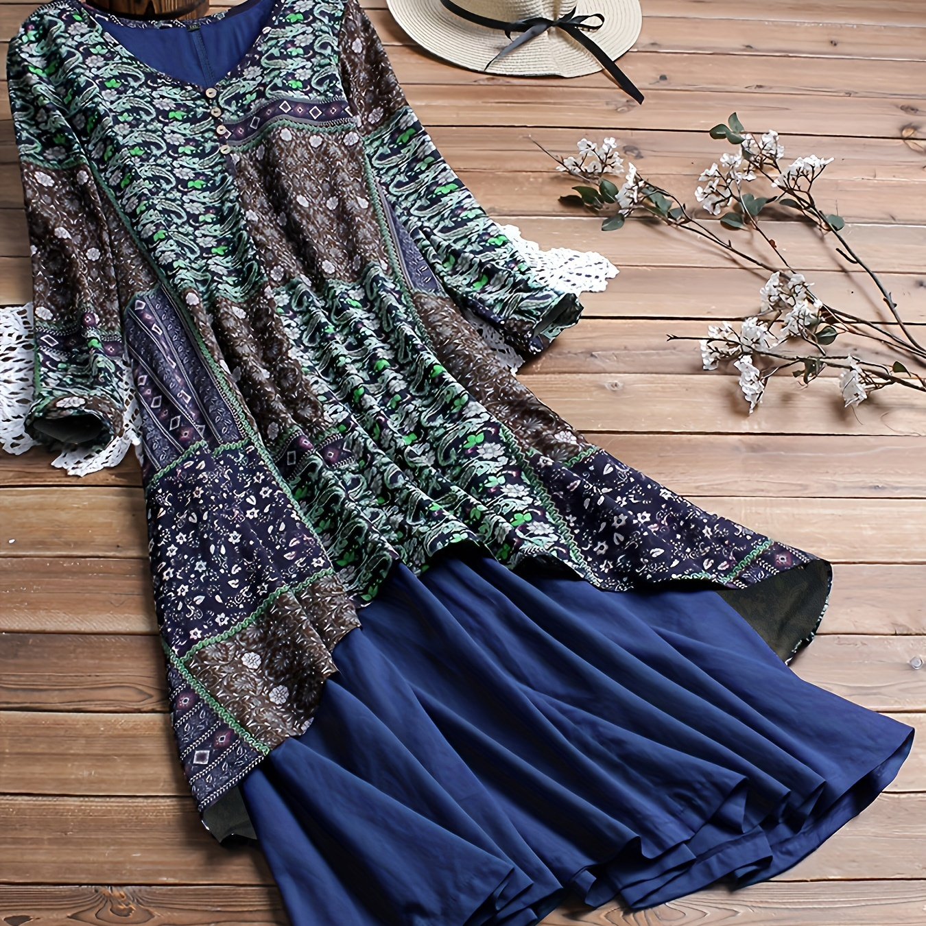 Plus Size Casual Dress, Women's Plus Paisley Print Button Decor Long Sleeve V Neck Layered Dress