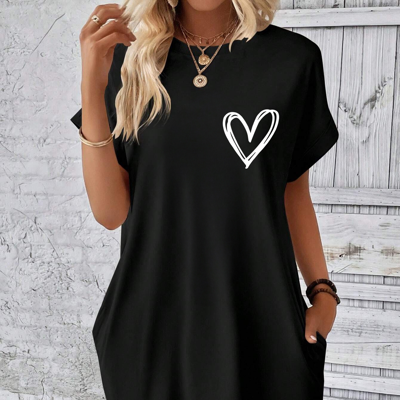 

Heart Print Tee Dress, Short Sleeve Crew Neck Casual Dress For Summer & Spring, Women's Clothing