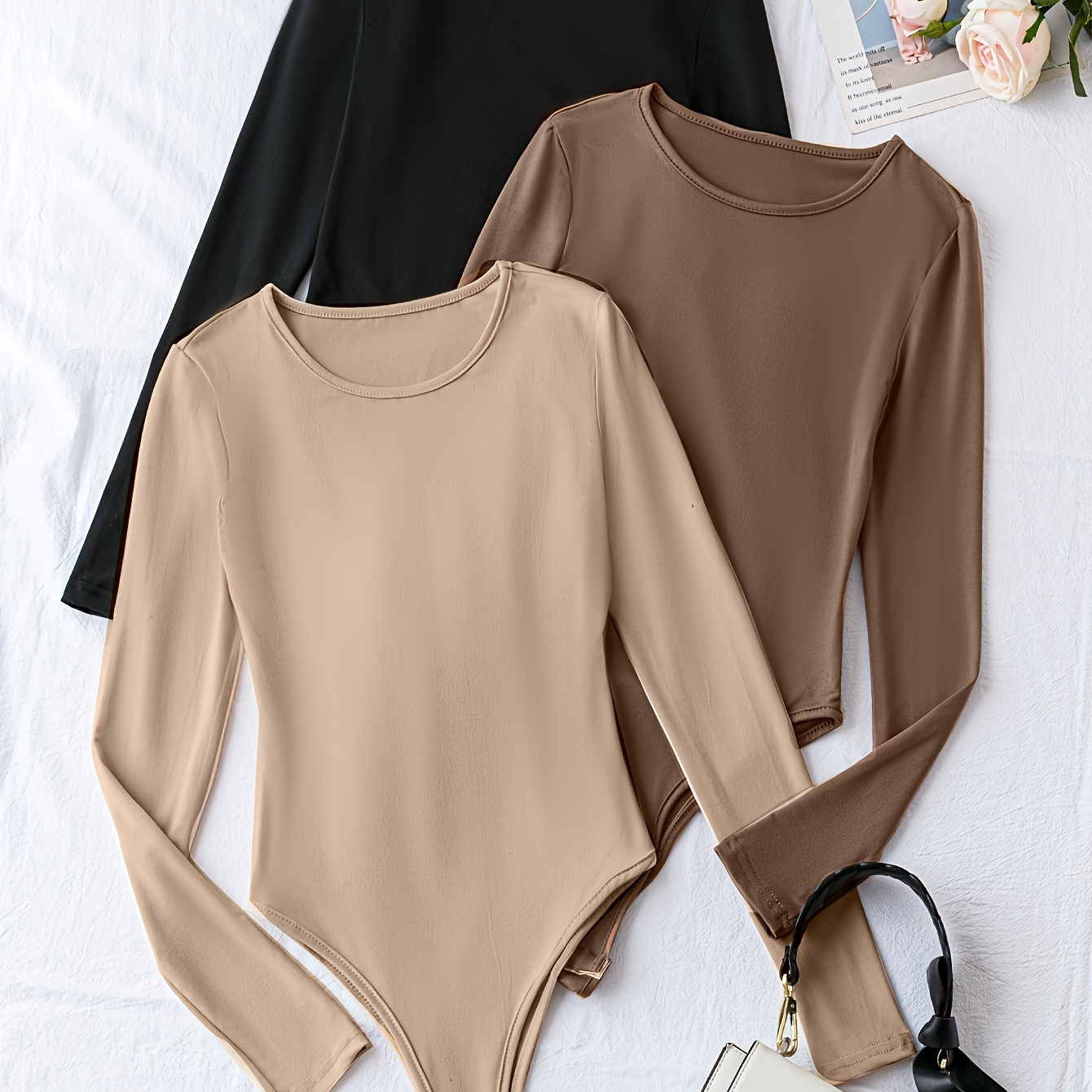 Solid Crew Neck Bodysuit 3 Pack, Casual Long Sleeve One-Piece Bodysuit, Women'S Clothing