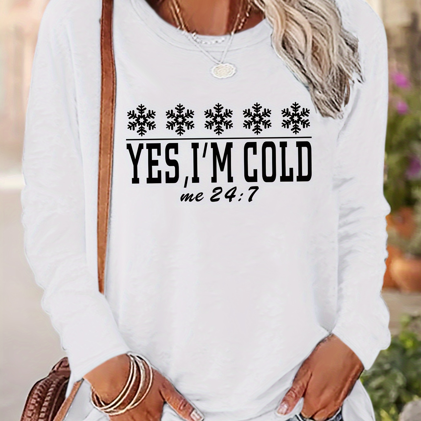 

I'm Cold Letter Print T-shirt, Long Sleeve Crew Neck Casual Top For Spring & Fall, Women's Clothing