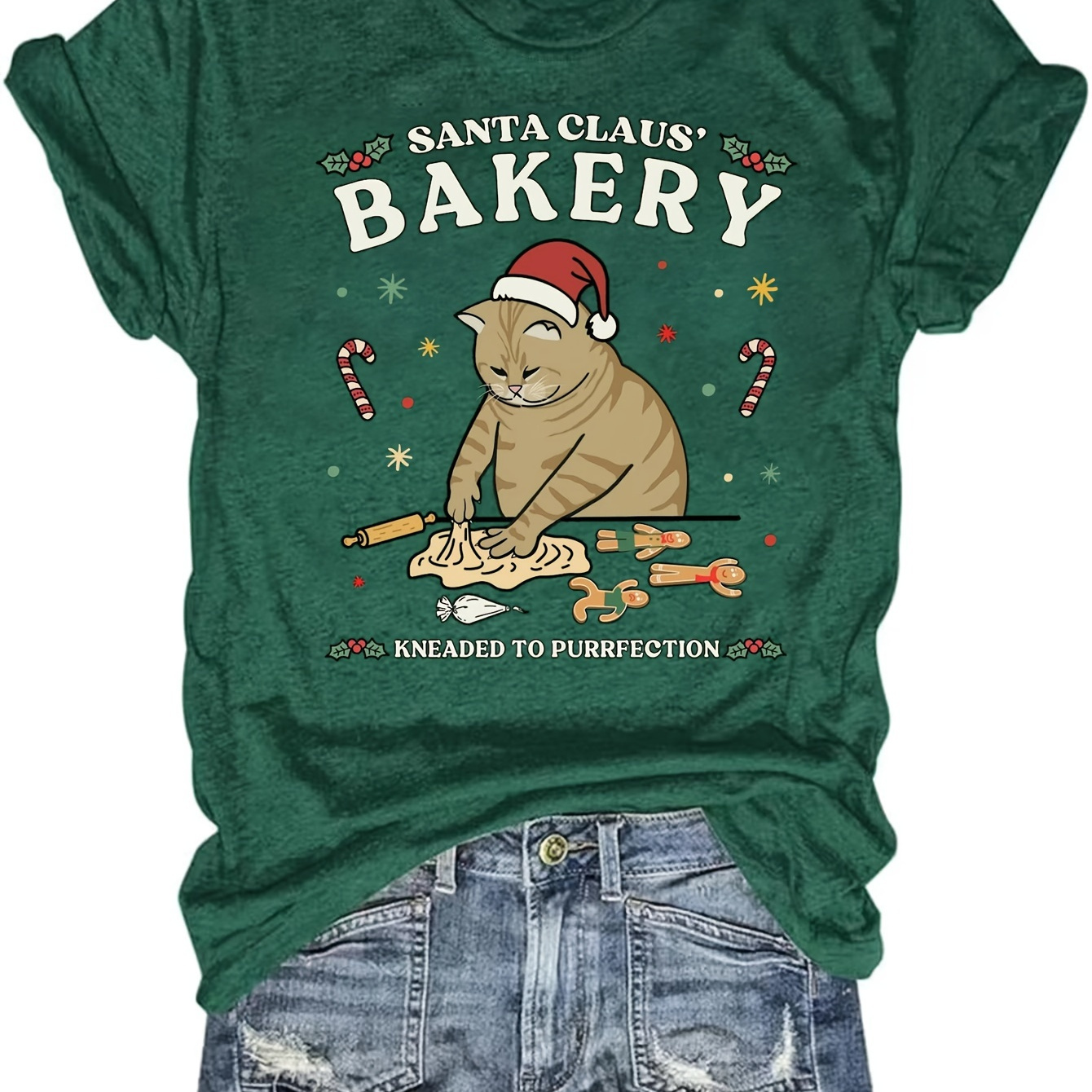 

Christmas Cat Bakery Print Women's T-shirt - Casual Polyester Blend Crew Neck Tee With Rayon And Spandex, Knit Fabric, Regular Length, Seasonal Holiday Pattern - Comfortable Casual Wear