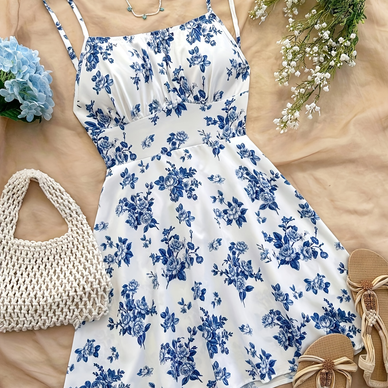 

2025 Spring/summer , Elegant Vacation-style Backless Dress For Women, Sexy Fitted Off-shoulder Tie Mini Dress, Blue Floral Skirt.