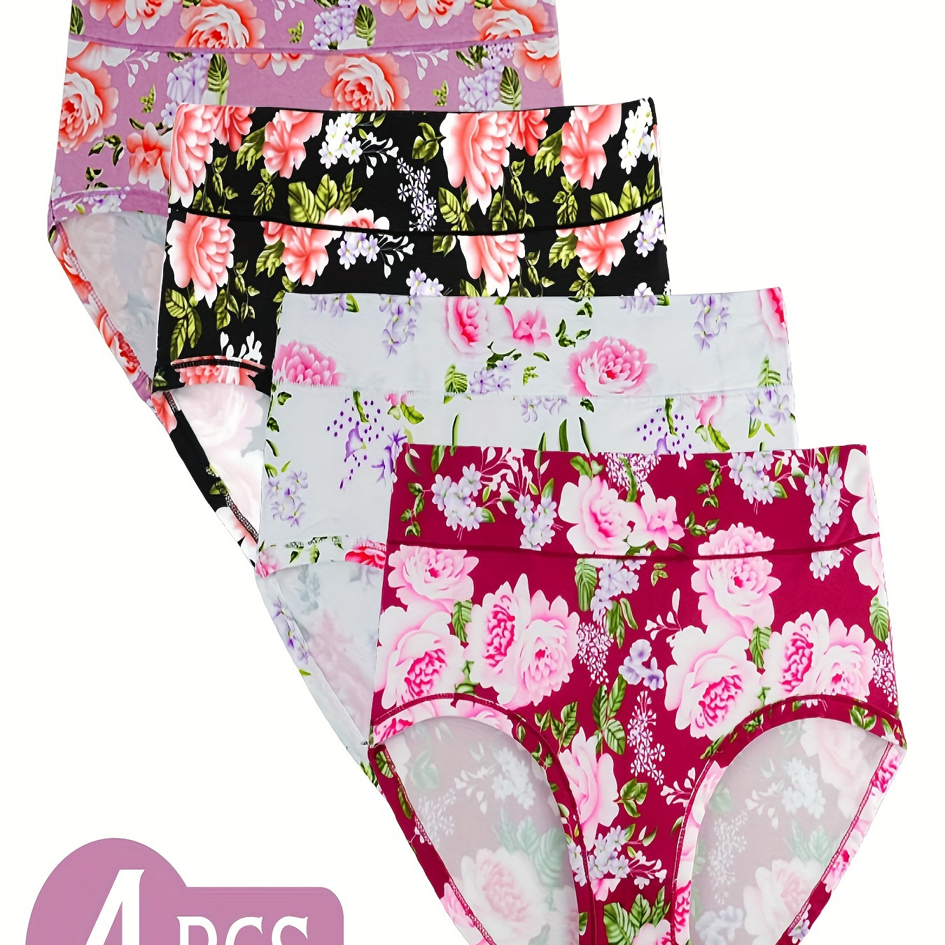 

4-pack Whale Fall Code Women's High-waist Underwear, Sexy Floral Print, Polyester, Elegant Knit Fabric, Plus Size, Tri-, , Rose Pattern, High-waist Briefs