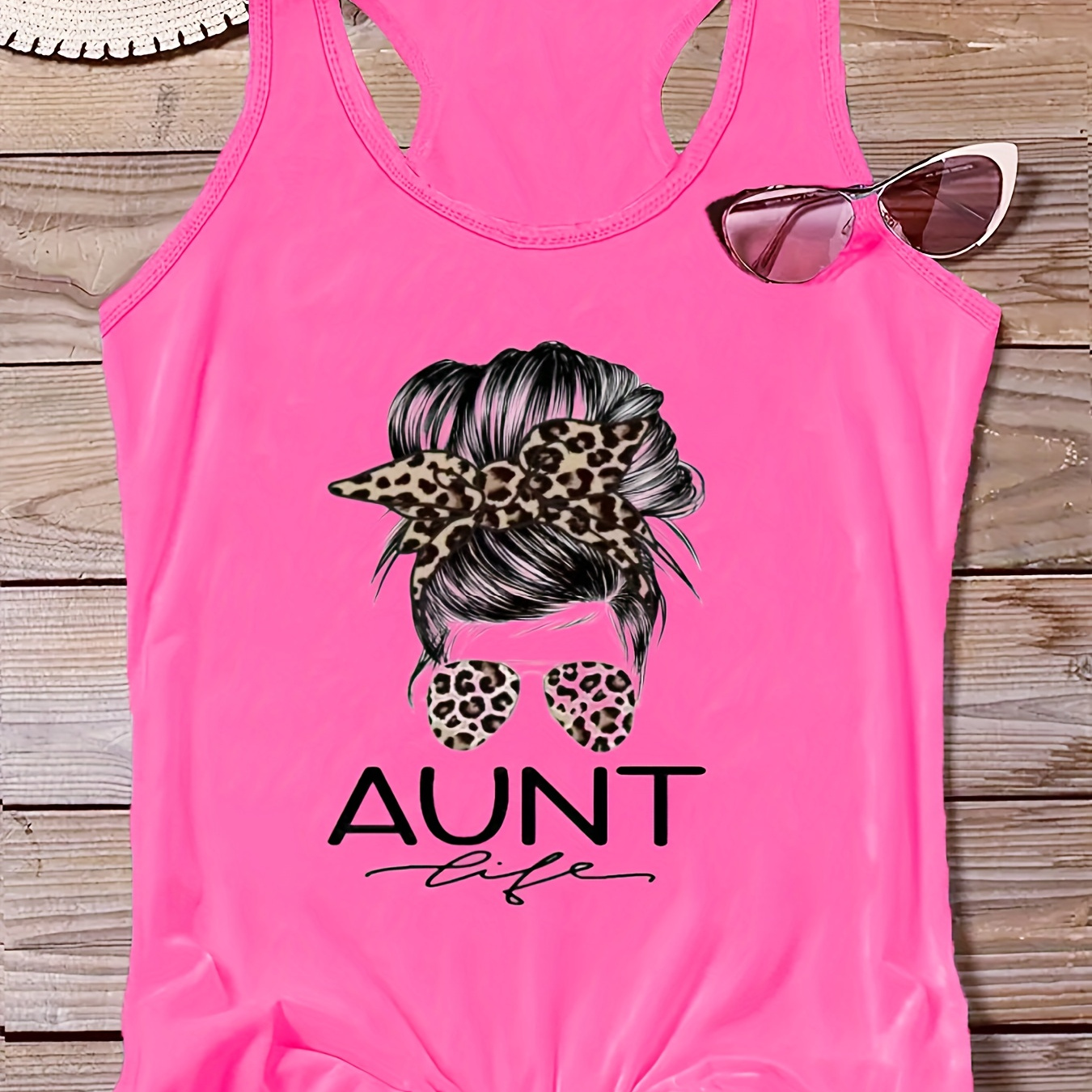 

Plus Size Aunt Letter Print Tank Top, Casual Crew Neck Sleeveless Tank Top For Summer, Women's Plus Size clothing
