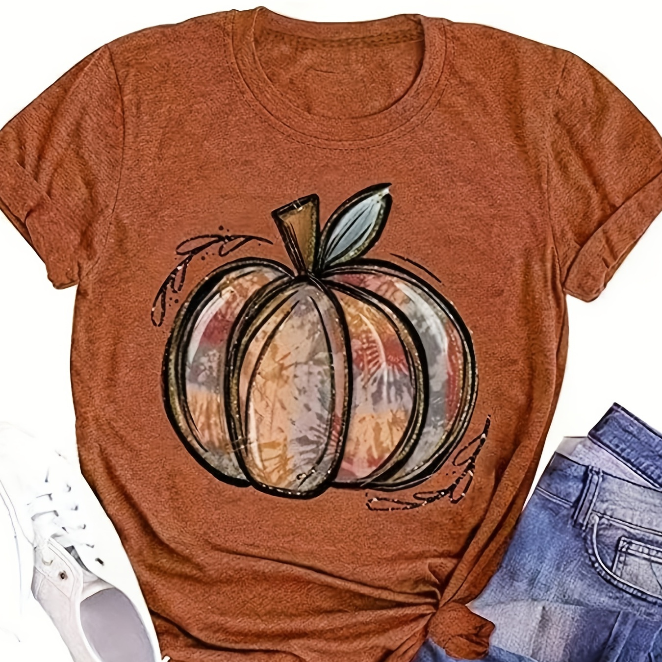 

Big Pumpkin Print Crew Neck T-shirt, Casual Short Sleeve Top For Spring & Summer, Women's Clothing