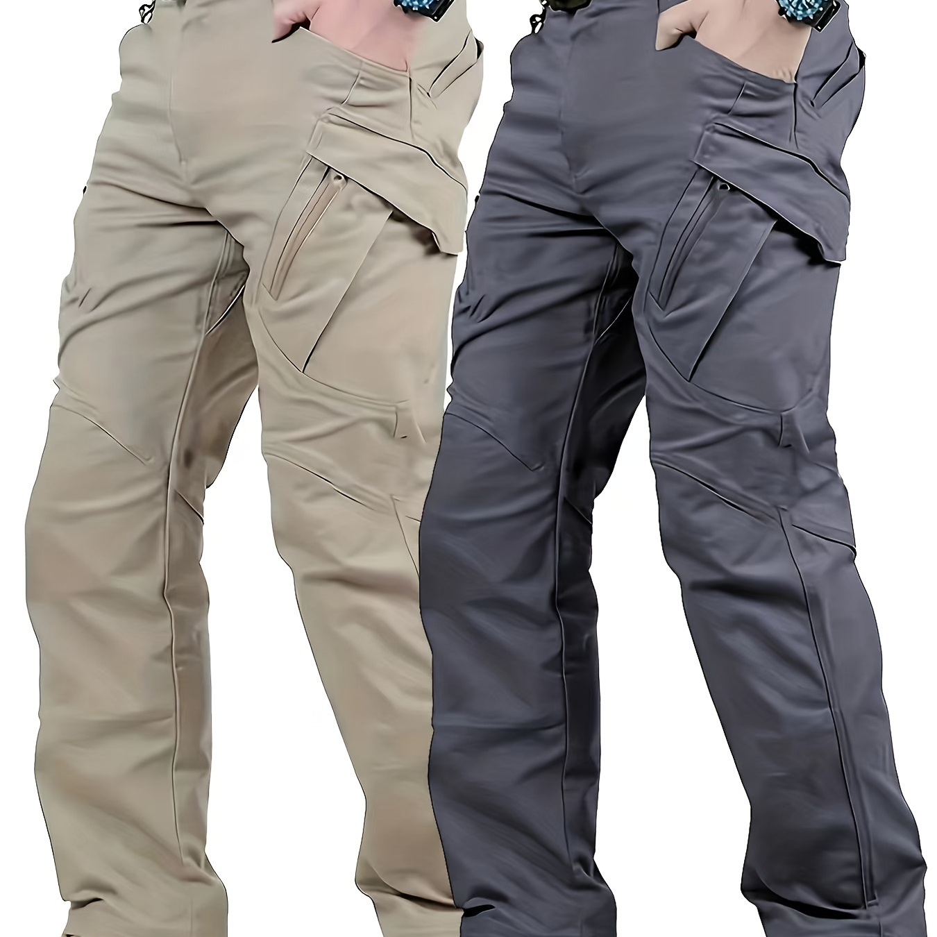 

2pcs Men's Outdoor Tactical Pants, Multi- Pants, Water-resistant, Waistband With Drawstring, Solid Color, Polyester, Casual Hiking Pants For Adults