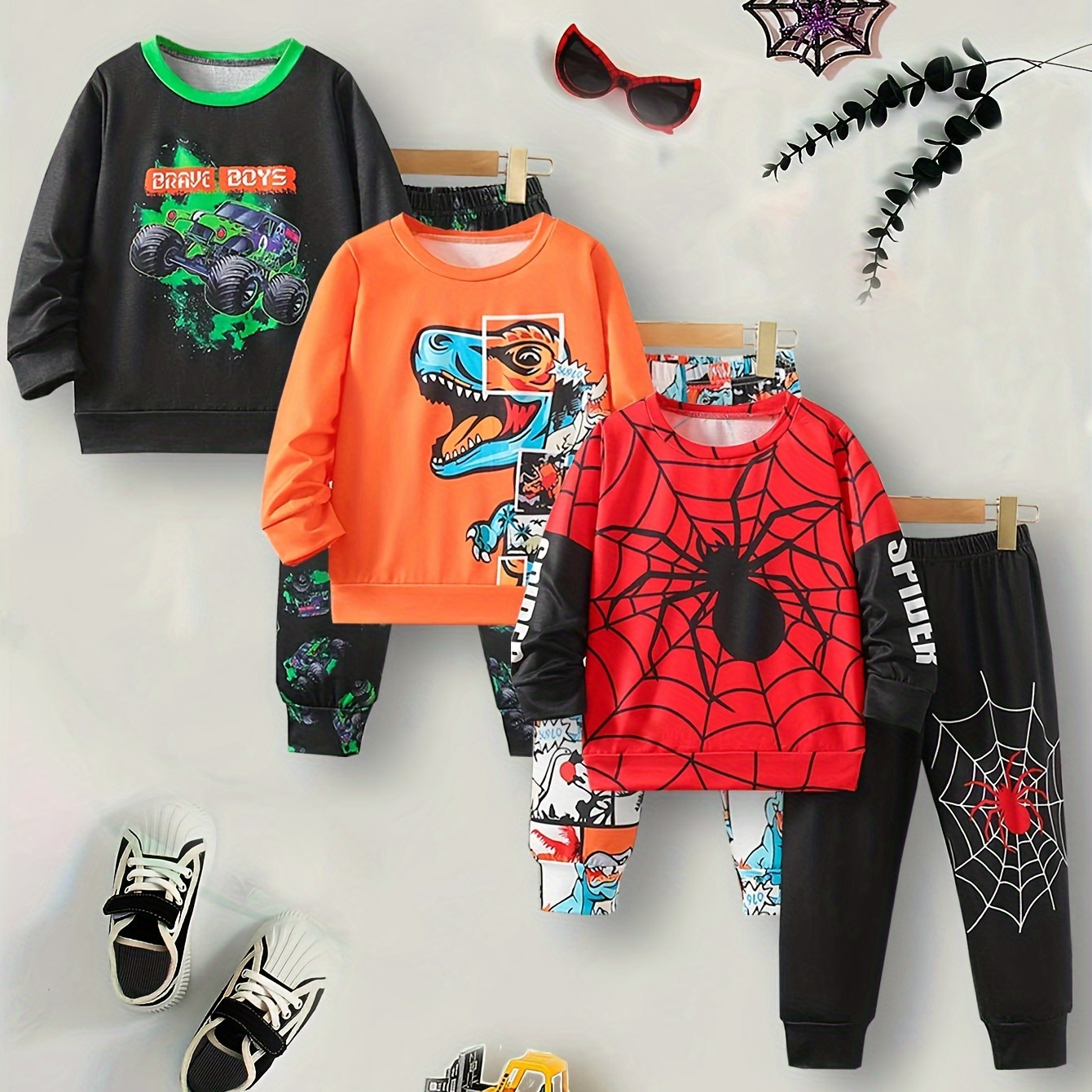 

Kids' Casual Spring/autumn Outfit Set, Cartoon Patterned Long Sleeve Shirt And Pants, Polyester And Elastane Blend, Machine Washable