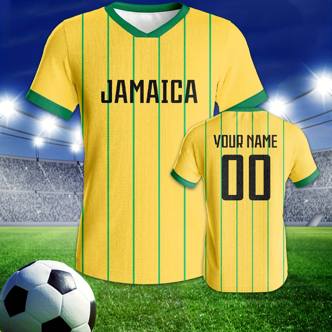 

Custom Jamaica Men's Soccer Jersey - Personalized Name & Number, Breathable Polyester Sports Shirt, V-neck, Slight Stretch, Short Sleeve For Casual Or Training - Spring/summer Sports Top For Adults