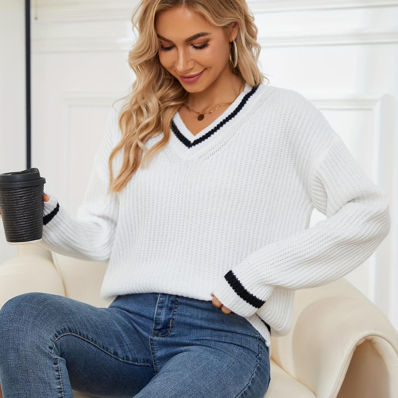 

Striped Print Knit Sweater, Casual V Neck Long Sleeve Sweater, Women's Clothing