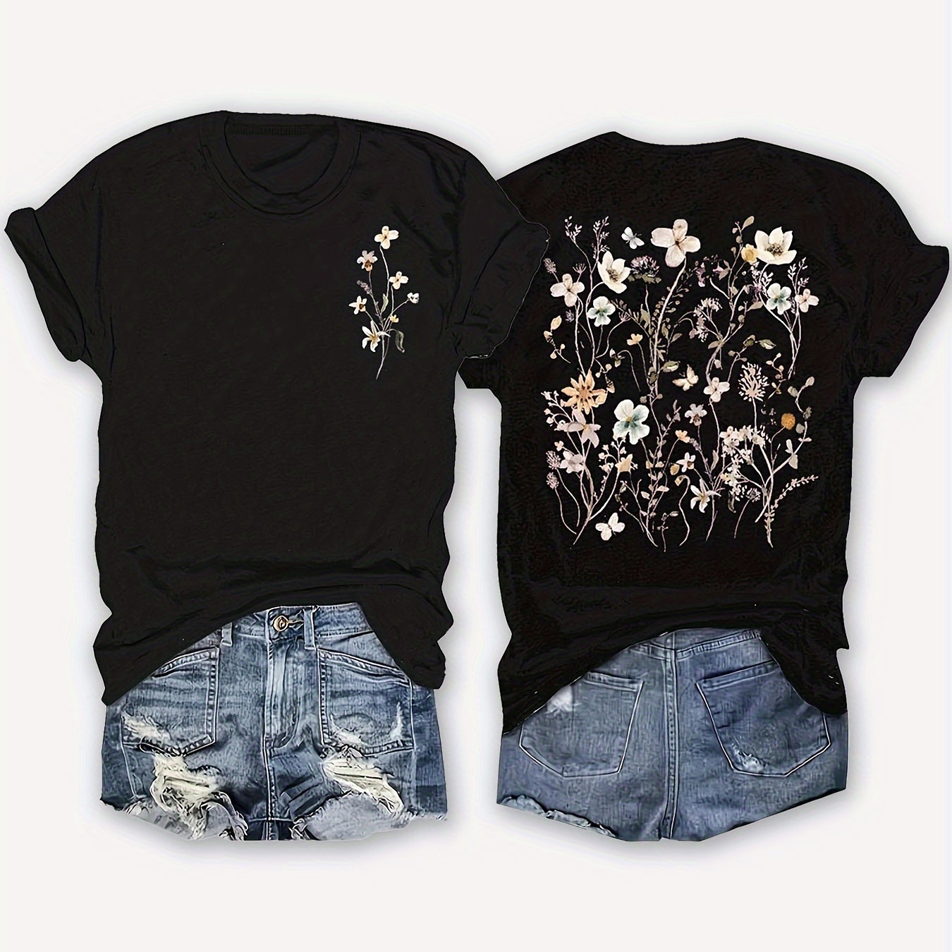 

1pc Floral Print Crew Neck T-shirt, Casual Short Sleeve Top For Spring & Summer, Women's Clothing