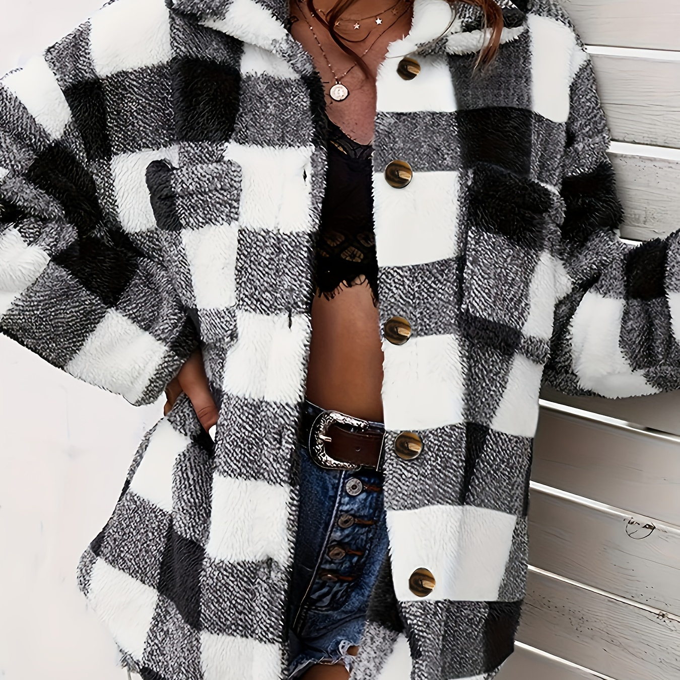 

Plaid Pattern Teddy Coat, Casual Button Front Long Sleeve Warm Outerwear, Women's Clothing