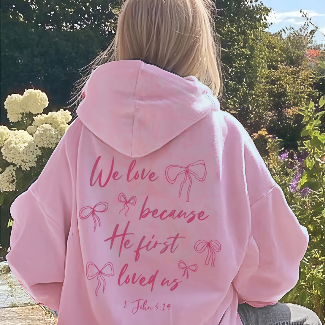 Women's Fleece-Lined Hooded Sweatshirt - Soft Pink Sporty Pullover with Inspirational Bible Verse & Bow Print, Cozy Winter Warmth, Machine Washable Casual Faith-Based Apparel, Autumn Casualwear, Feminine Sporty Style, Ribbed Cuffs Design