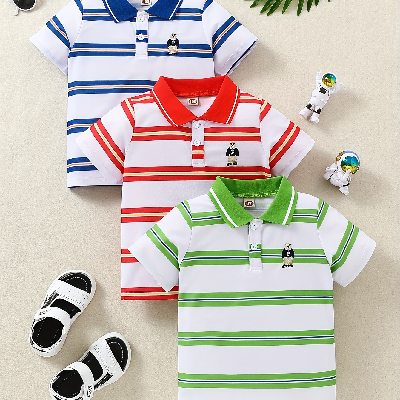 

3pcs Boys Bear Embroidered Striped Lapel Shirt, Casual Comfortable Short Sleeve Button Up Shirt, Boys Summer Wear