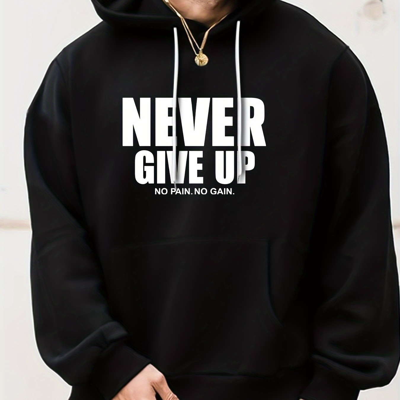 

Men's Never Give Up Print Casual Sweatshirt, Fashion Drawstring Hoodie, Comfortable Versatile Long Sleeve Sweatshirt With Hood For Autumn And Winter