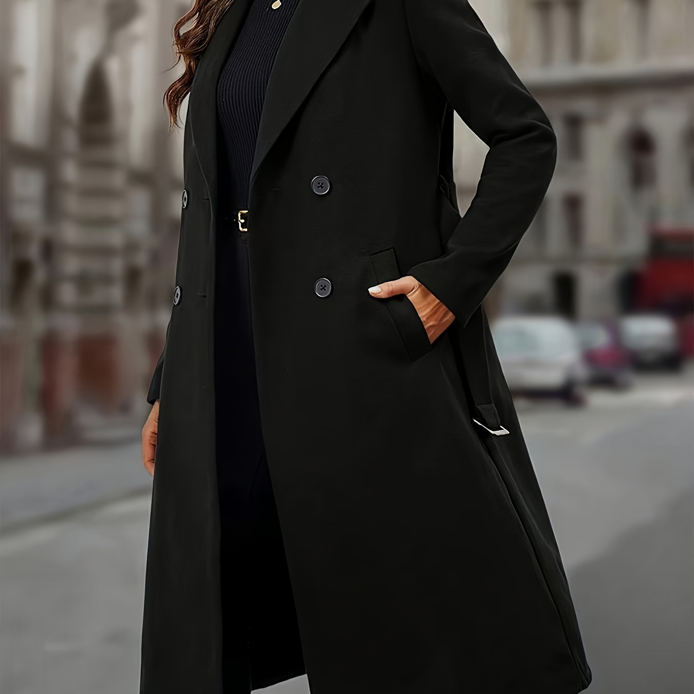 

Double-breasted Notched Lapel Coat, Elegant Solid Long Sleeve Mid-length Belted Coat For Fall & Winter, Women's Clothing