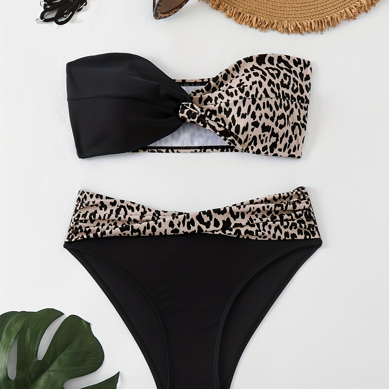 

Cozok Chic Leopard Print & Solid Color Twist-front Bikini Set For Women - High Stretch, Push-up Swimwear With Ruffle Detail