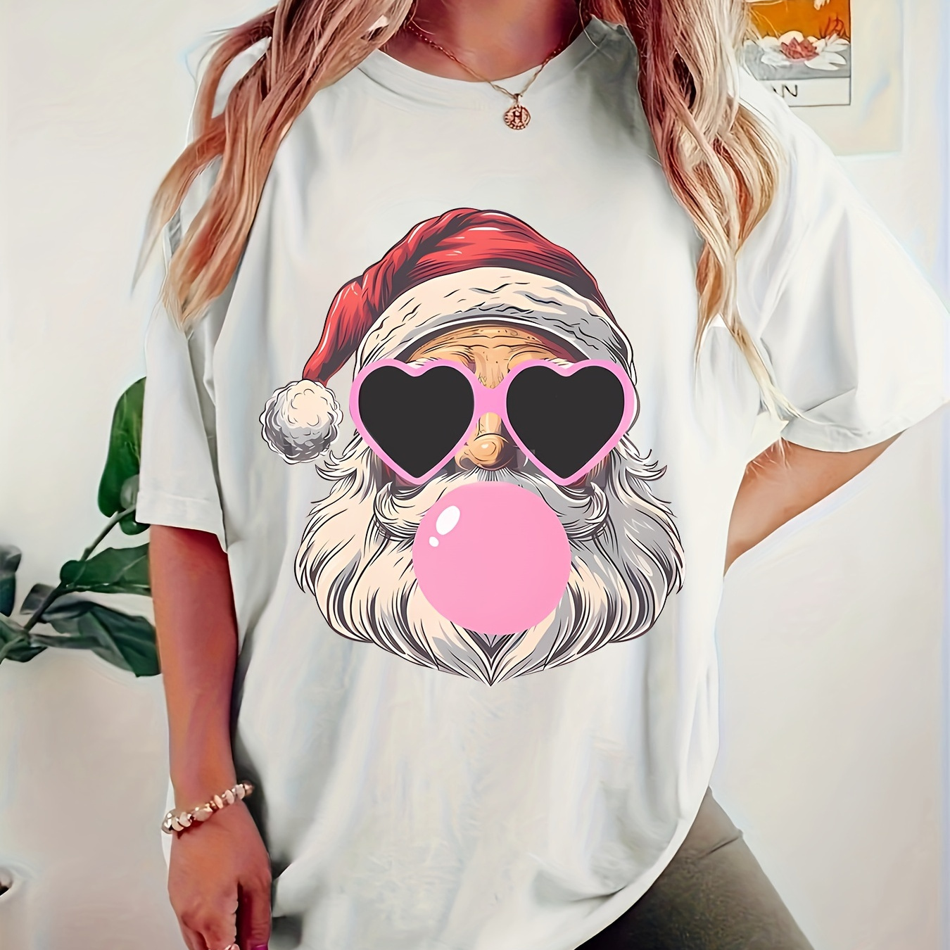 

Women's Santa Claus Graphic Tee - Casual Crew Neck, Short Sleeve, Stretchy Polyester T-shirt | Machine Washable | | To Xxl