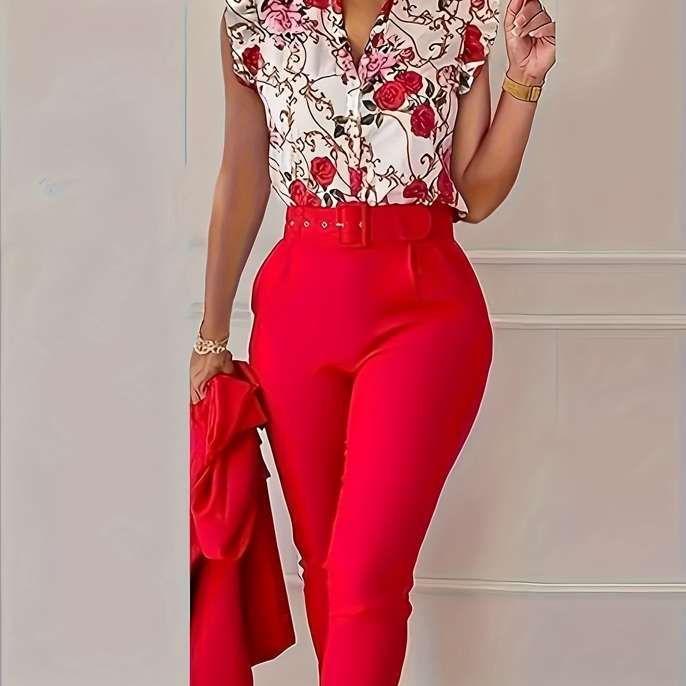 

Elegant Floral Print Two-piece Set, Flutter Sleeve Button Front V Neck Blouse & Solid Color High Belt Waist Slim Pants Outfits, Women's Clothing