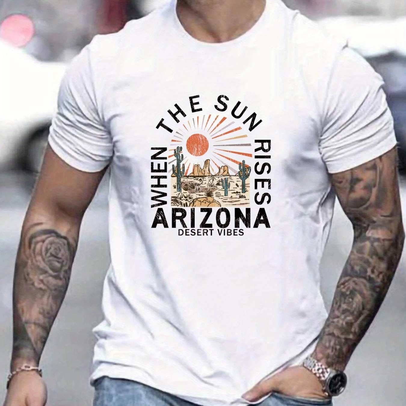 

Arizona Desert Vibes Pattern Print Men's Comfy T-shirt, Graphic Tee Men's Summer Outdoor Clothes, Men's Clothing, Tops For Men