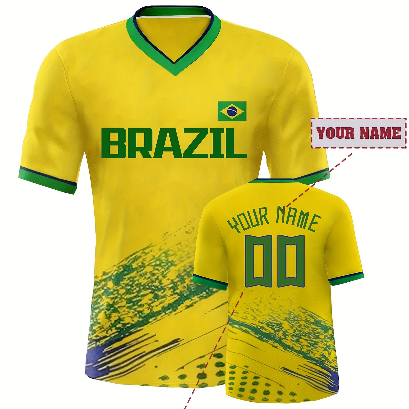 

Customizable Brazil-inspired Men's Soccer Jersey - Personalized Name & Number, Breathable V-neck, Short Sleeve, Loose Fit, Sports Shirt For & Casual Wear