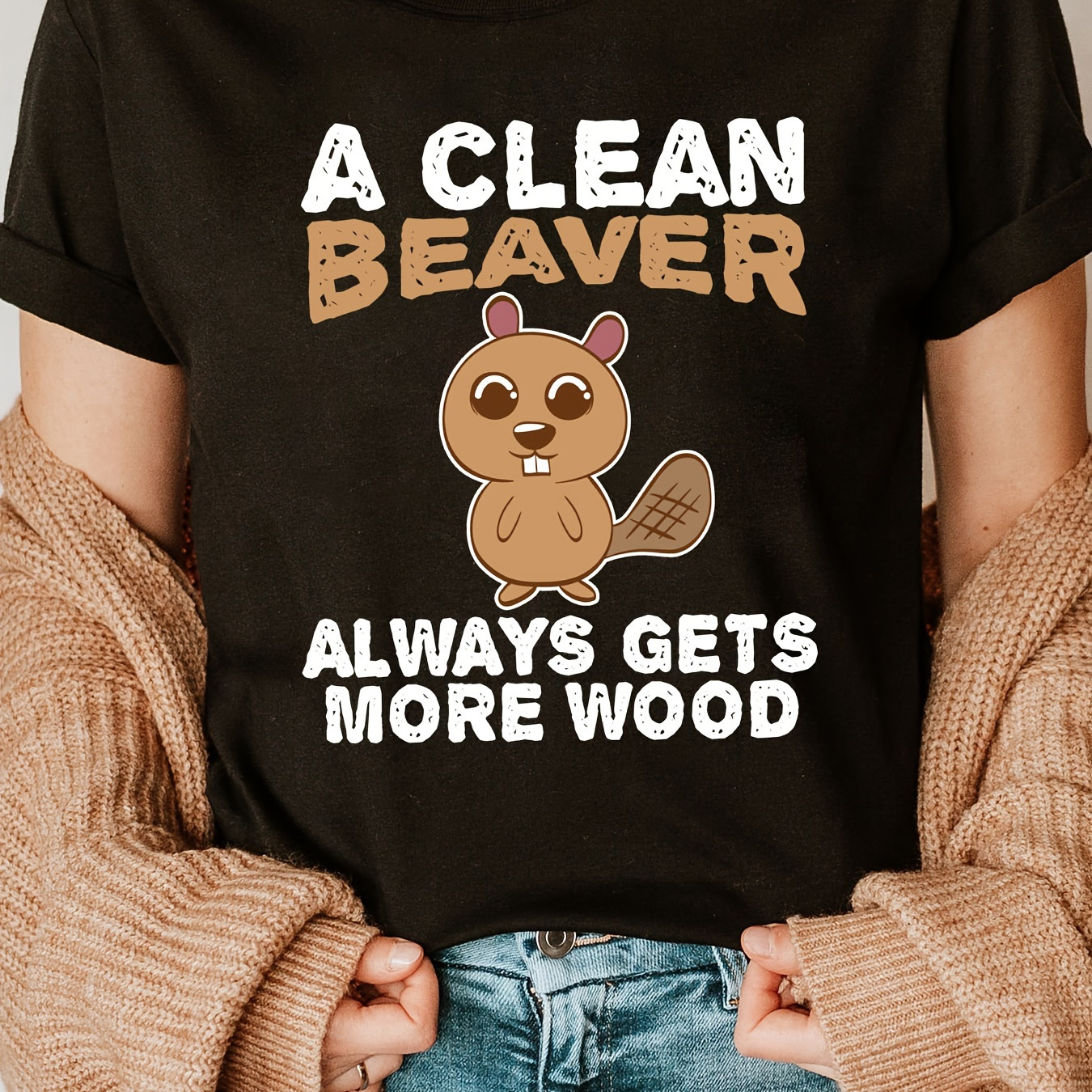 

Beaver Print Crew Neck T-shirt, Casual Short Sleeve T-shirt For Spring & Summer, Women's Clothing