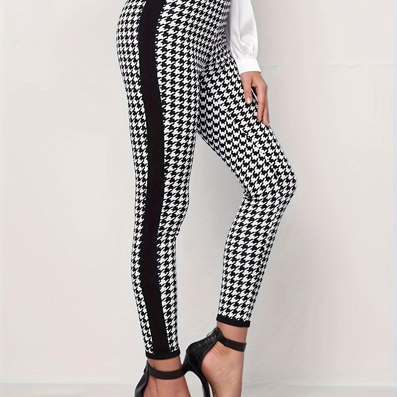

Houndstooth Print Skinny Pants, Casual High Waist Slim Pants For Spring & Fall, Women's Clothing