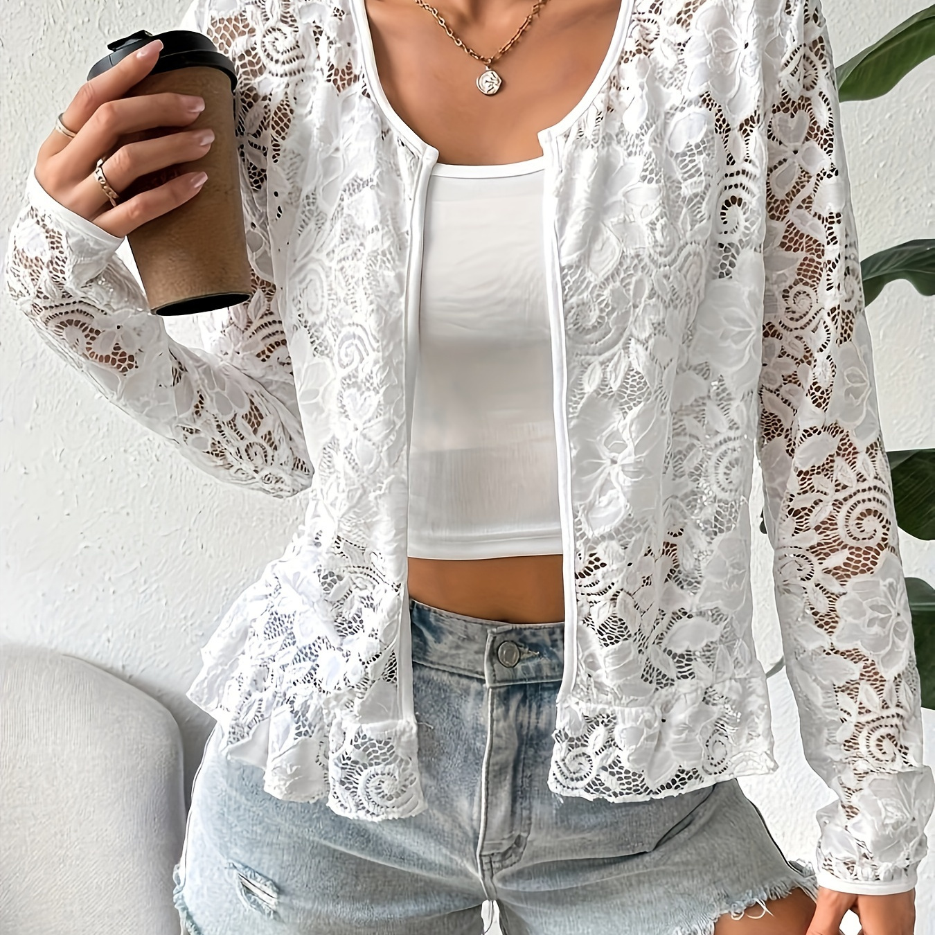 

Guipure Lace Long Sleeve Jacket, Elegant Open Front Solid Color Thin Jacket For Spring & Fall, Women's Clothing