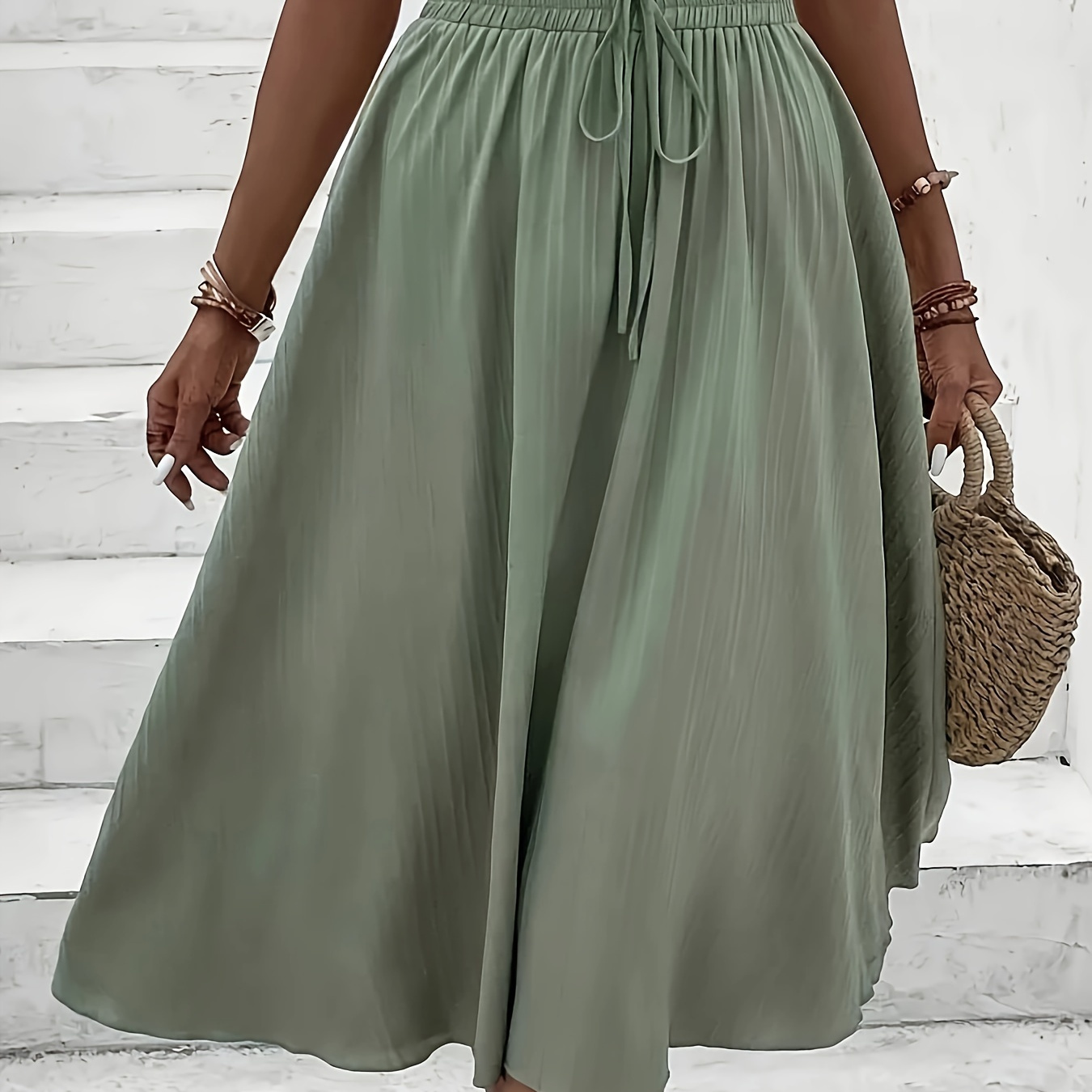 

Solid Color Paper Bag Waist Skirt, Elegant A-line Midi Skirt For Spring & Summer, Women's Clothing