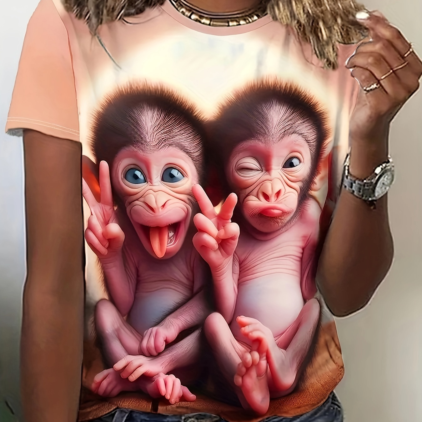 

Plus Size Monkey Print T-shirt, Casual Short Sleeve Crew Neck Top For Spring & Summer, Women's Plus Size Clothing