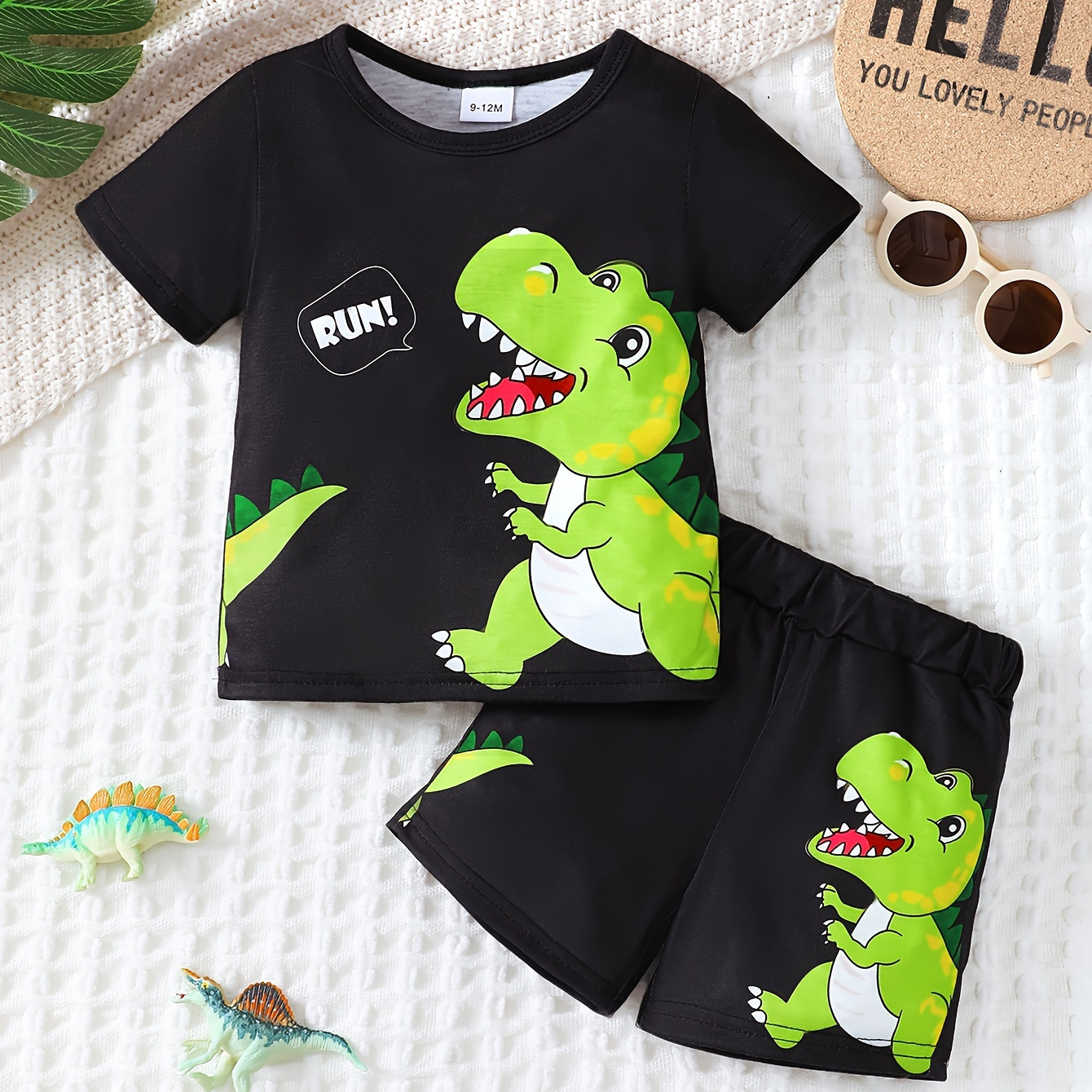 

Baby Boys 2pcs Outfit, Cartoon Dino Pattern Short Sleeve T-shirt & Elastic Waist Short Set, Summer Clothing