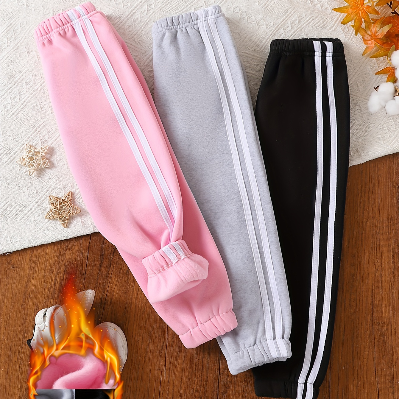 

3pcs Girls Trendy Fleece-lined Athletic Jogger Pants, , Winter Warm Trousers