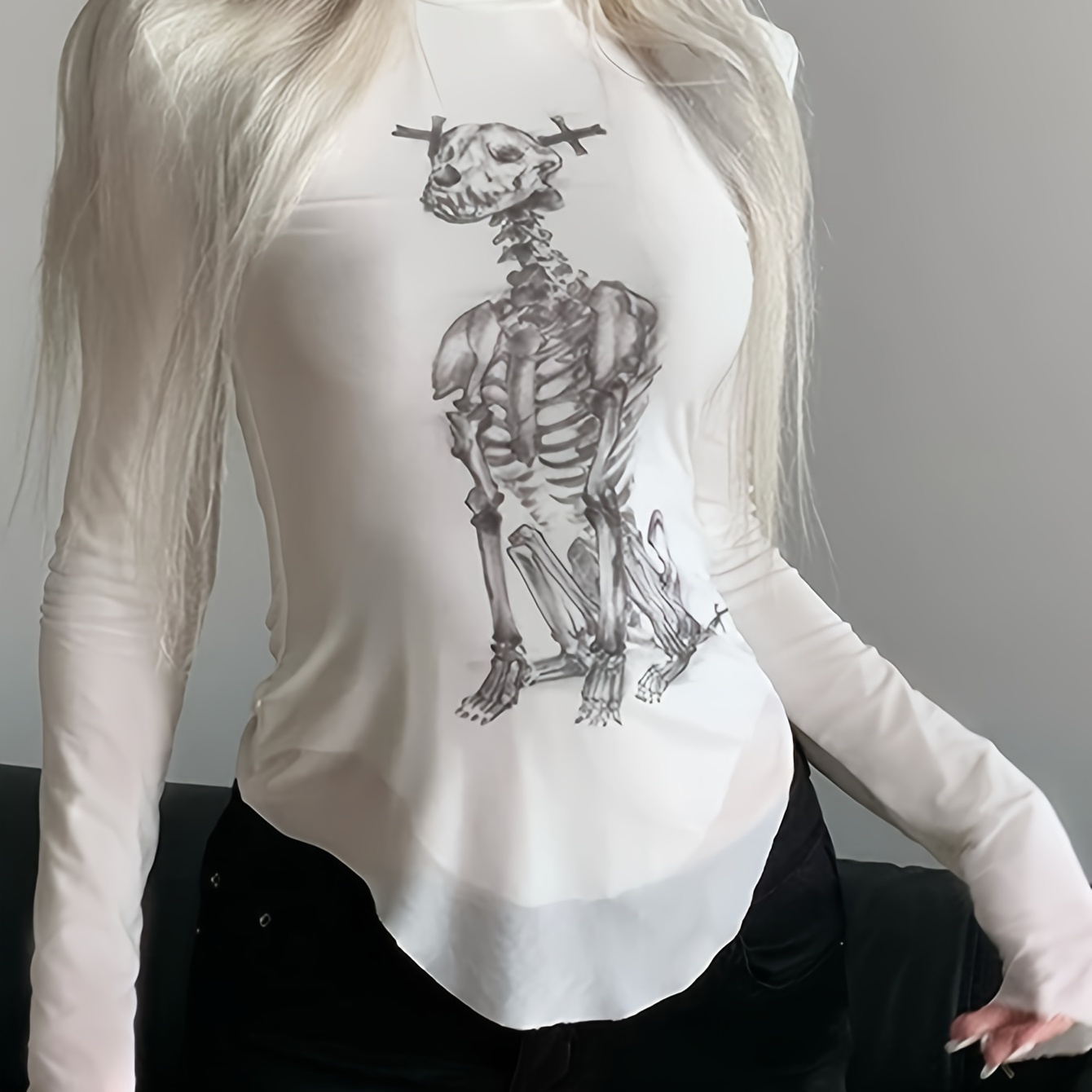 

Skeleton Print Mesh T-shirt For Women - High Neck, Semi-sheer, Stretchy Polyester , Spring/summer/fall