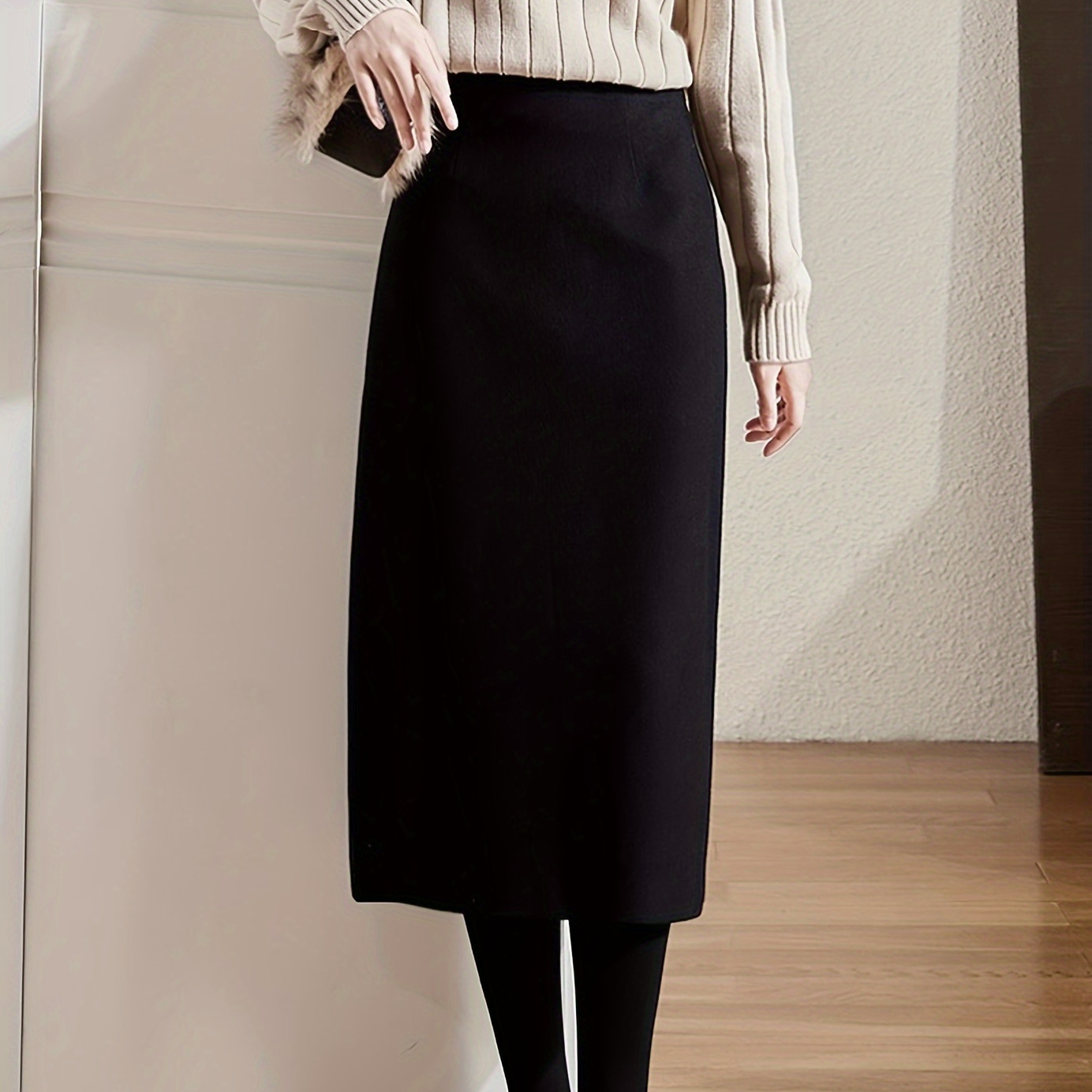 

High-waisted A-line Midi Skirt With Zipper Closure, Polyester And Viscose , Elegant And For Fall And Winter