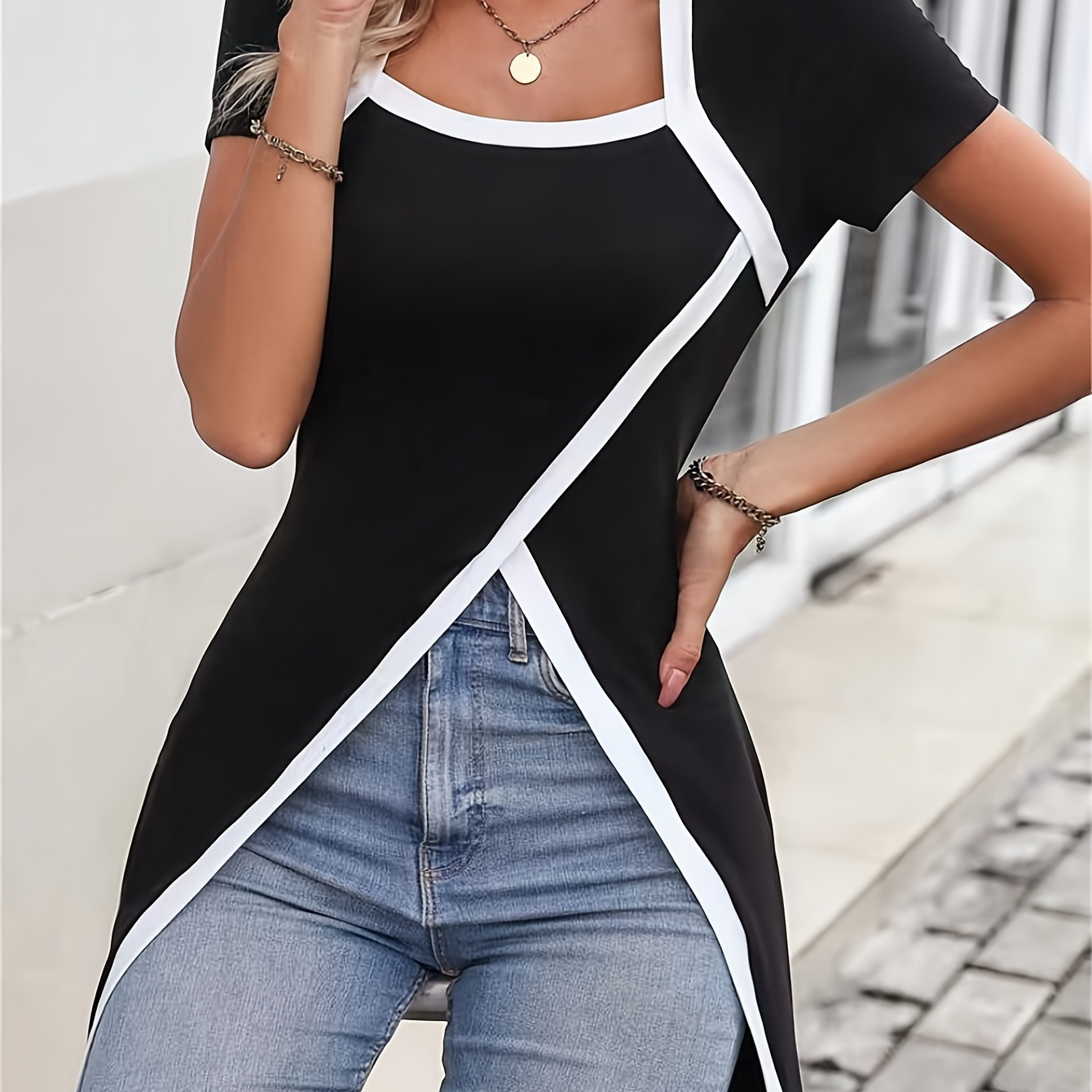 

Contrast Trim Square Neck Tunics, Casual Short Sleeve Asymmetrical T-shirt For Spring & Summer, Women's Clothing