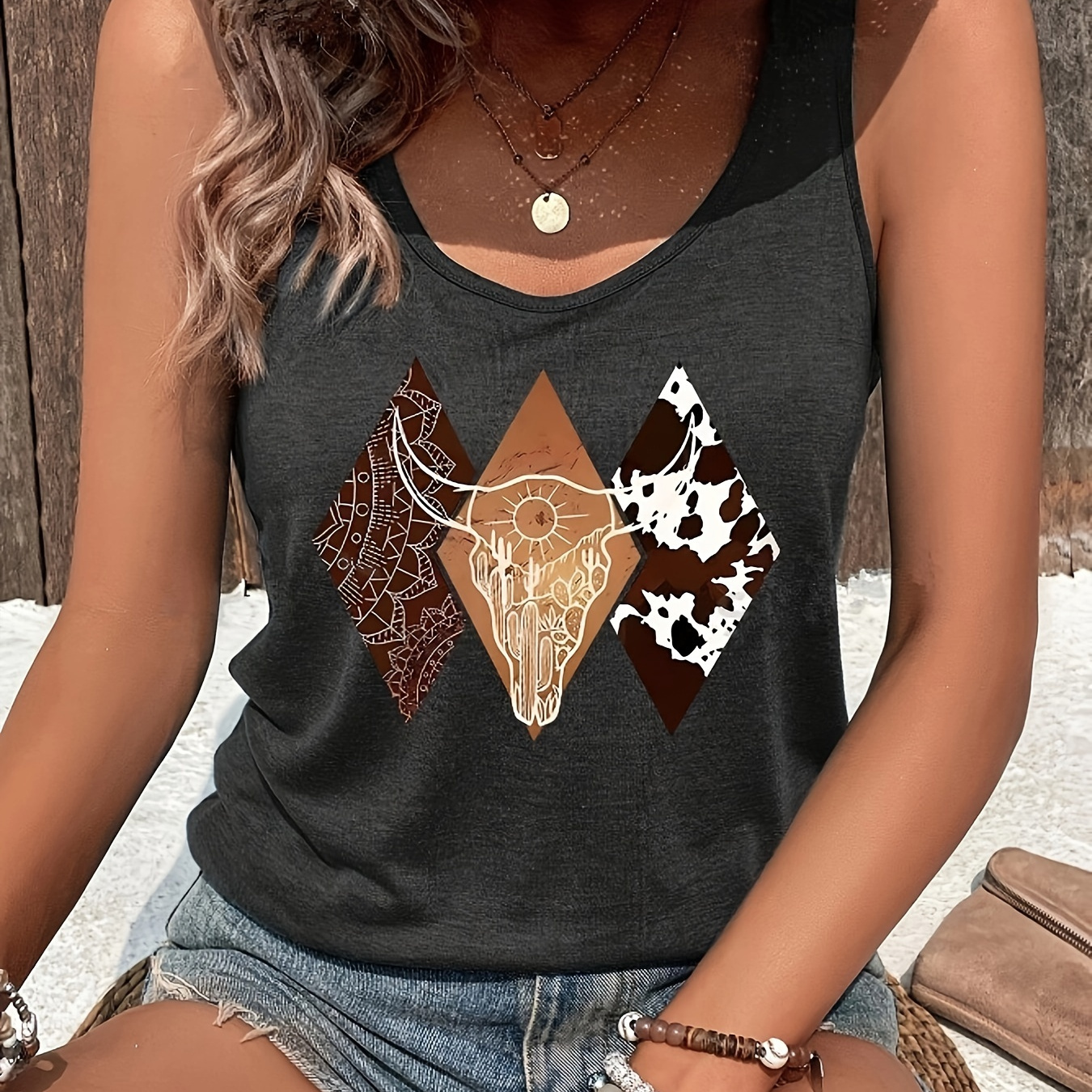 

Western Style Cow Skull Print Tank Top, Casual Crew Neck Sleeveless Top For Spring & Summer, Women's Clothing