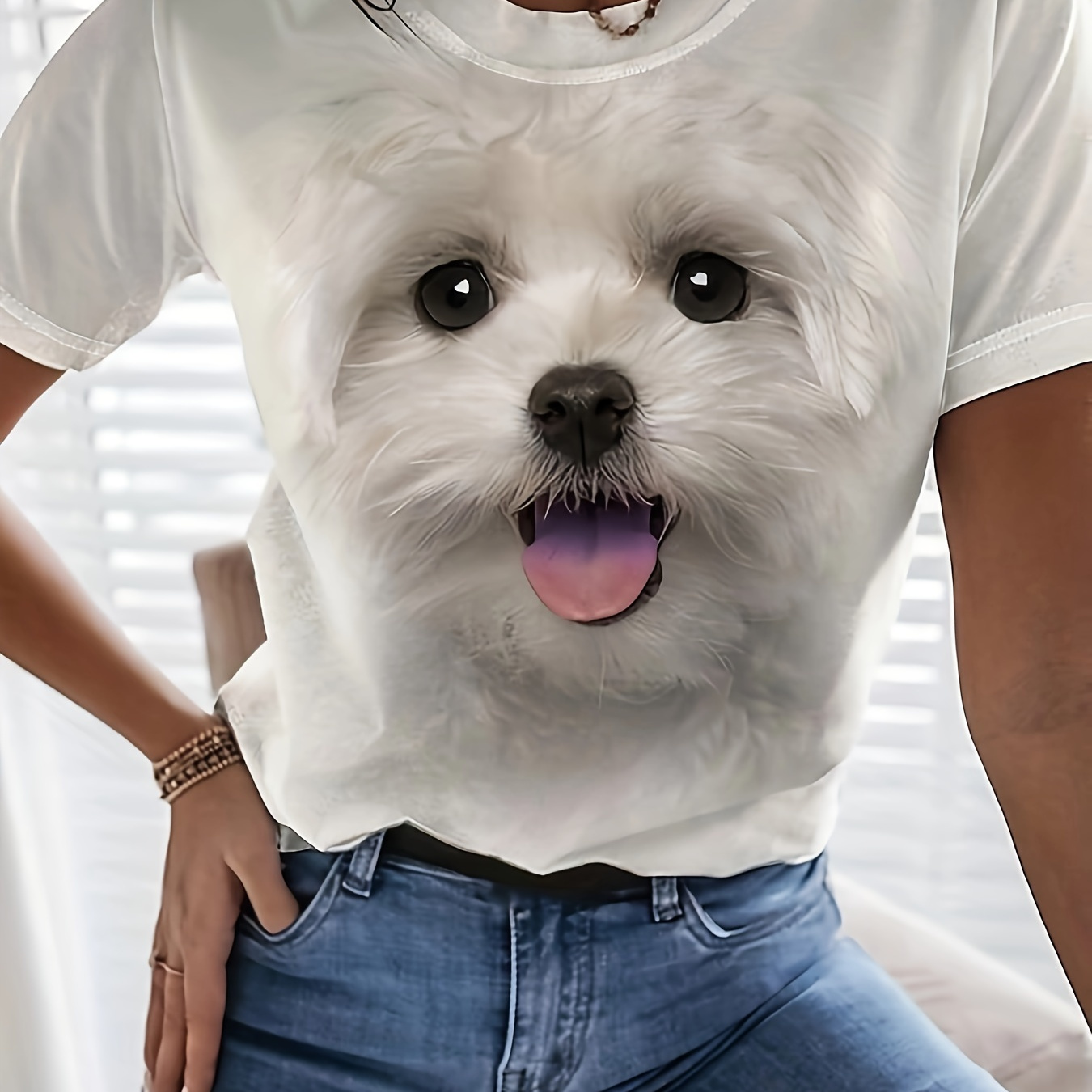 

Puppy Print Crew Neck T-shirt, Casual Short Sleeve Top For Spring & Summer, Women's Clothing