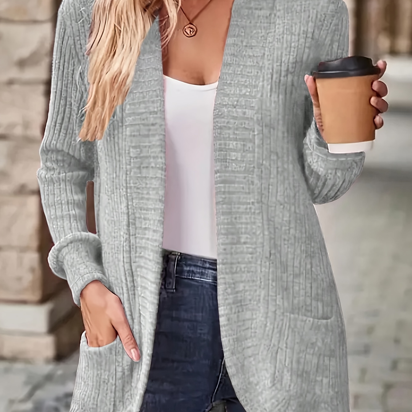 

1pc Veste Cardigan Femme Couleur Unie Polyester avec Poches, Tissu Tricoté, Pull Ouvert Toutes , 95% Polyester 5% Élasthanne