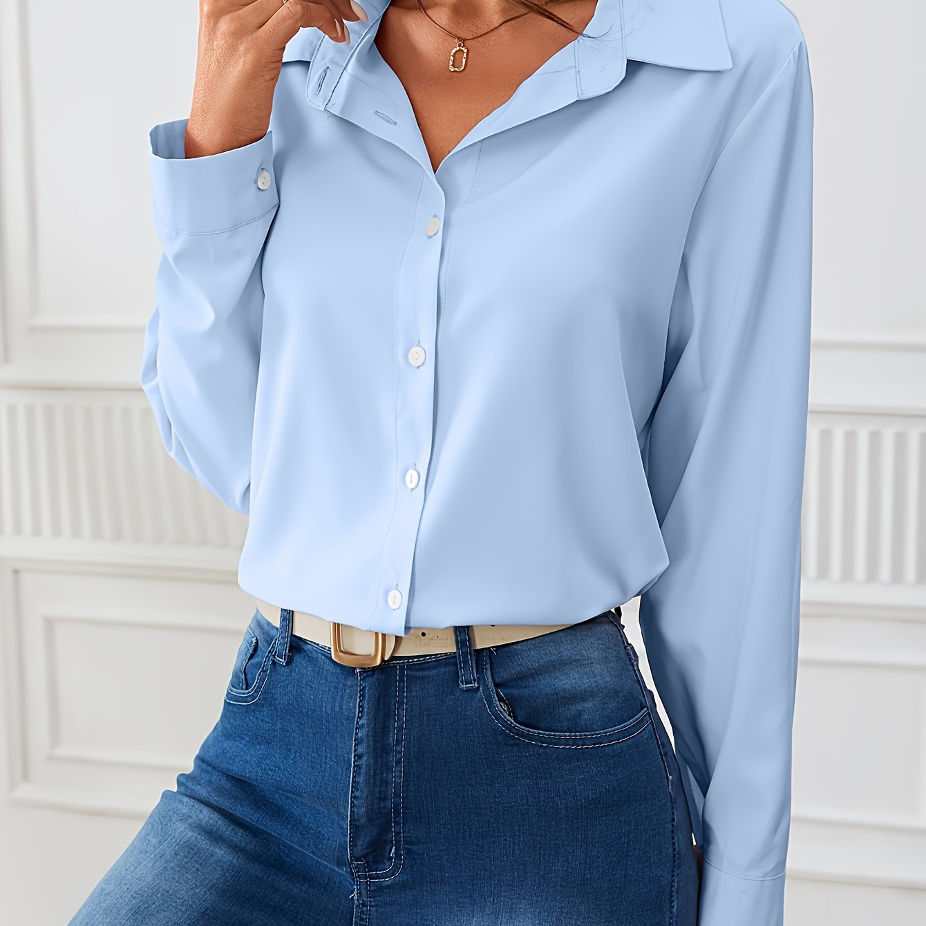 

Women's Elegant Solid Color Long Sleeve Shirt, Polyester 100%, Lapel Collar, Woven Fabric, 120g/m², Spring/summer Casual Shell Button Blouse