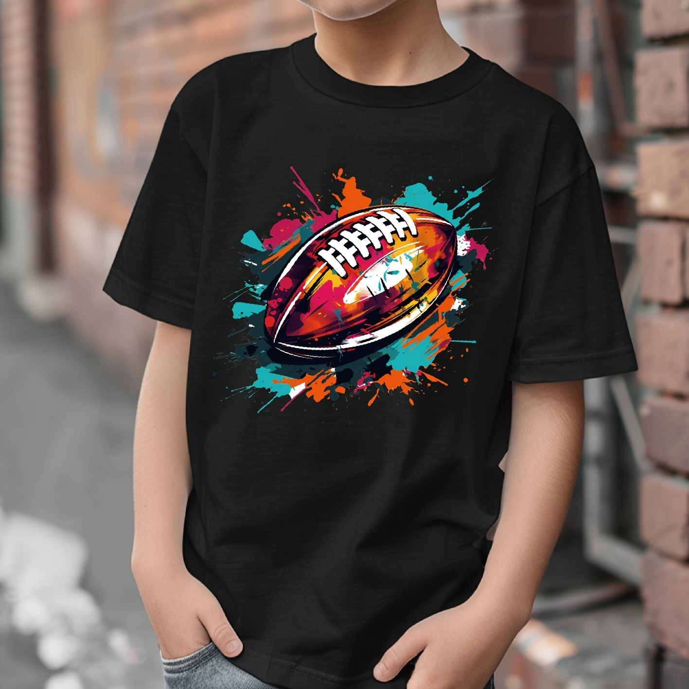 

Colorful Football Print T-shirt- Engaging Visuals, Casual Short Sleeve T-shirts For Boys - Cool, Lightweight And Comfy Summer Clothes!