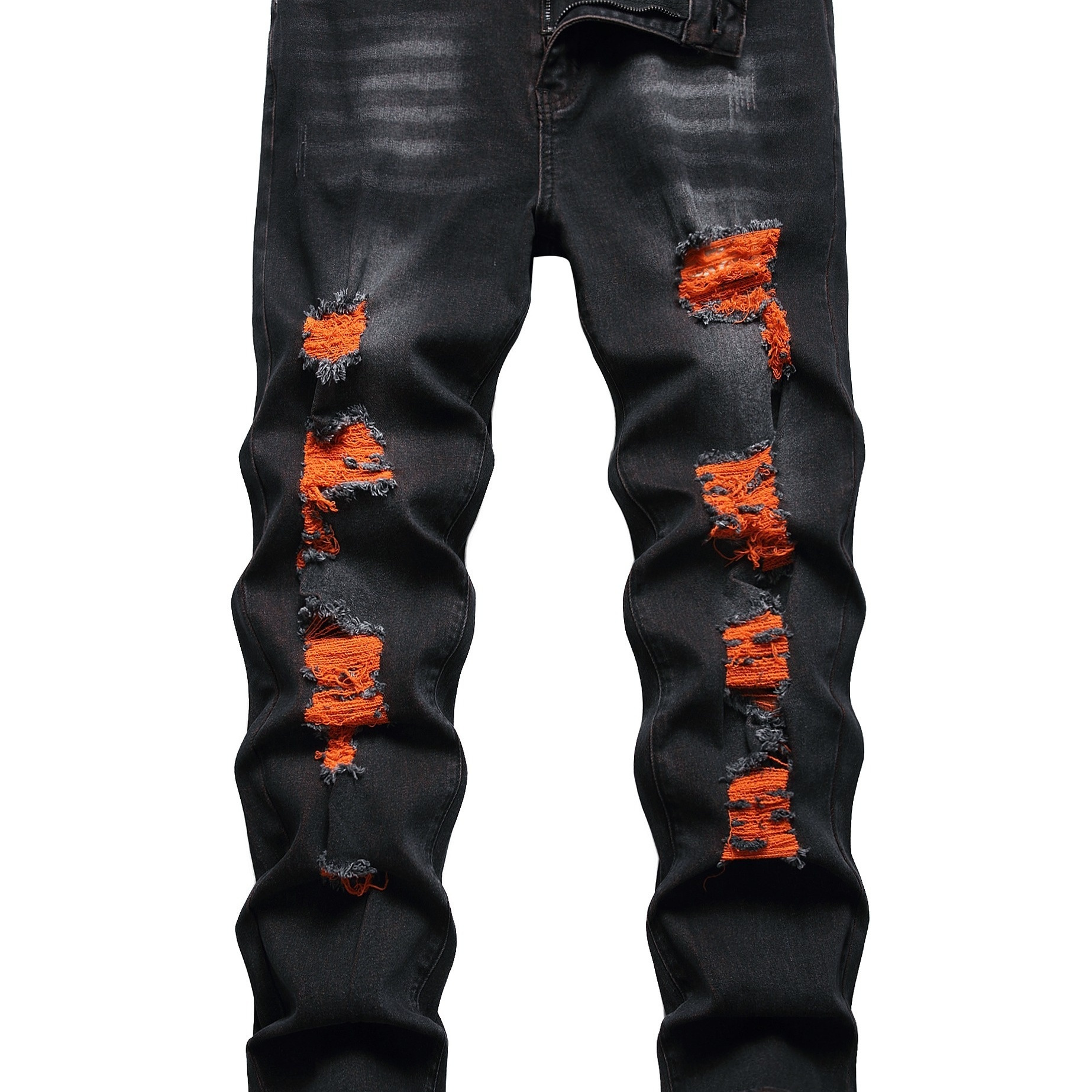 

Men's Orange Ripped Stretch Skinny Fabric Color Wild Jeans