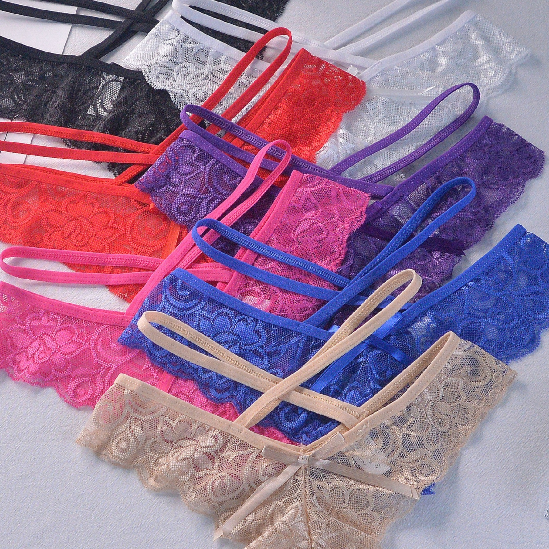 

7pcs Floral Lace Thongs, Criss Cross Cut Out Intimates Panties, Women's Lingerie & Underwear