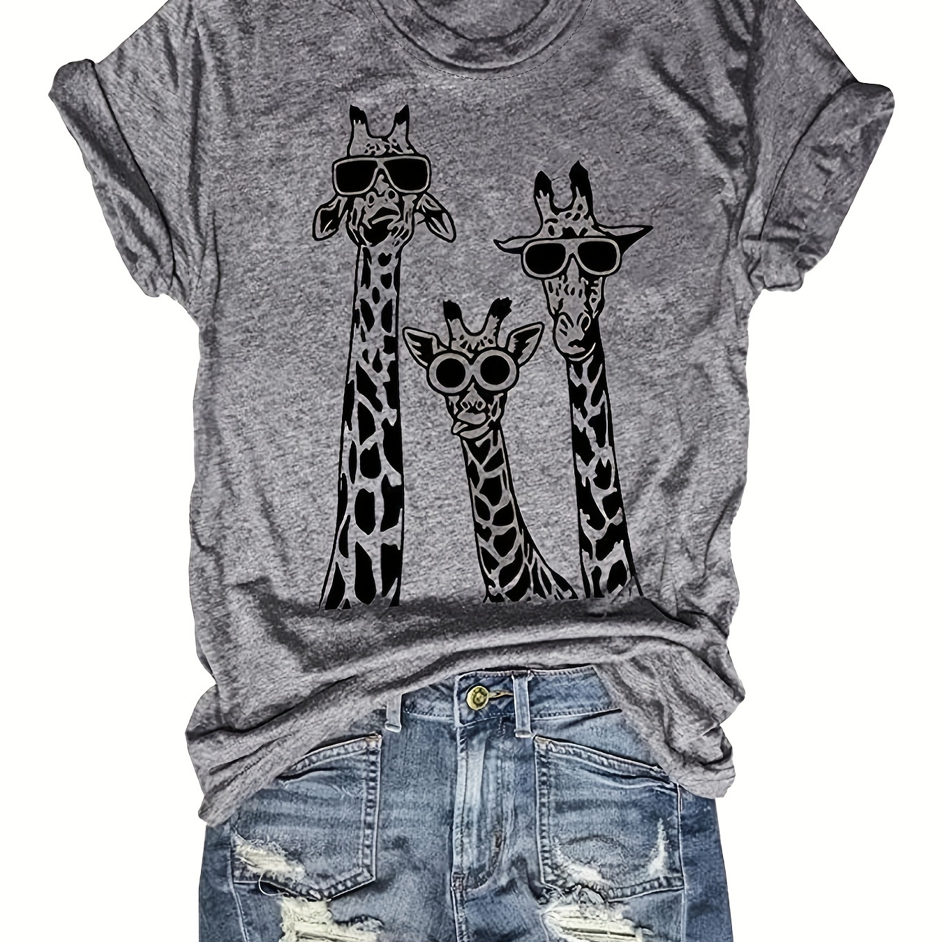 

Cartoon Giraffe Print Crew Neck T-shirt, Casual Short Sleeve T-shirt For Spring & Summer, Women's Clothing