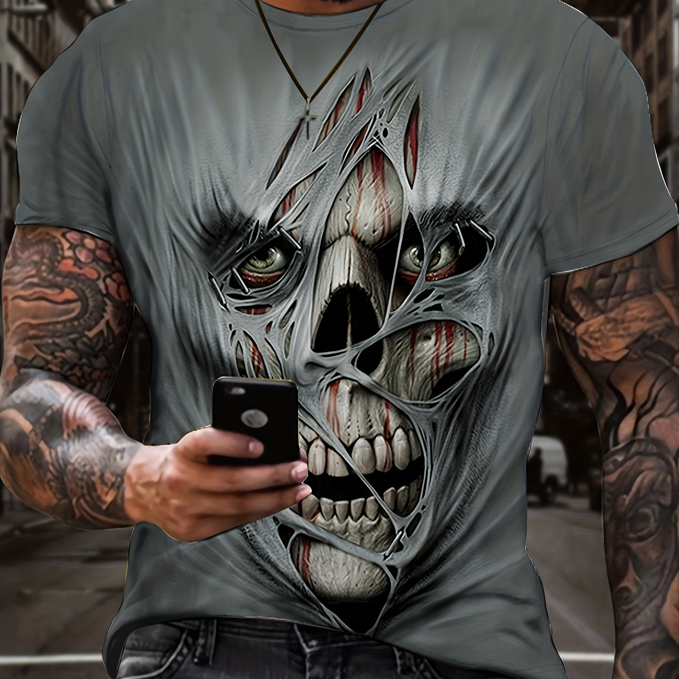 

Horror Skull 3d Digital Pattern Print Graphic Men's T-shirts, Halloween Causal Tees, Short Sleeves Comfortable Pullover Tops, Men's Summer Clothing