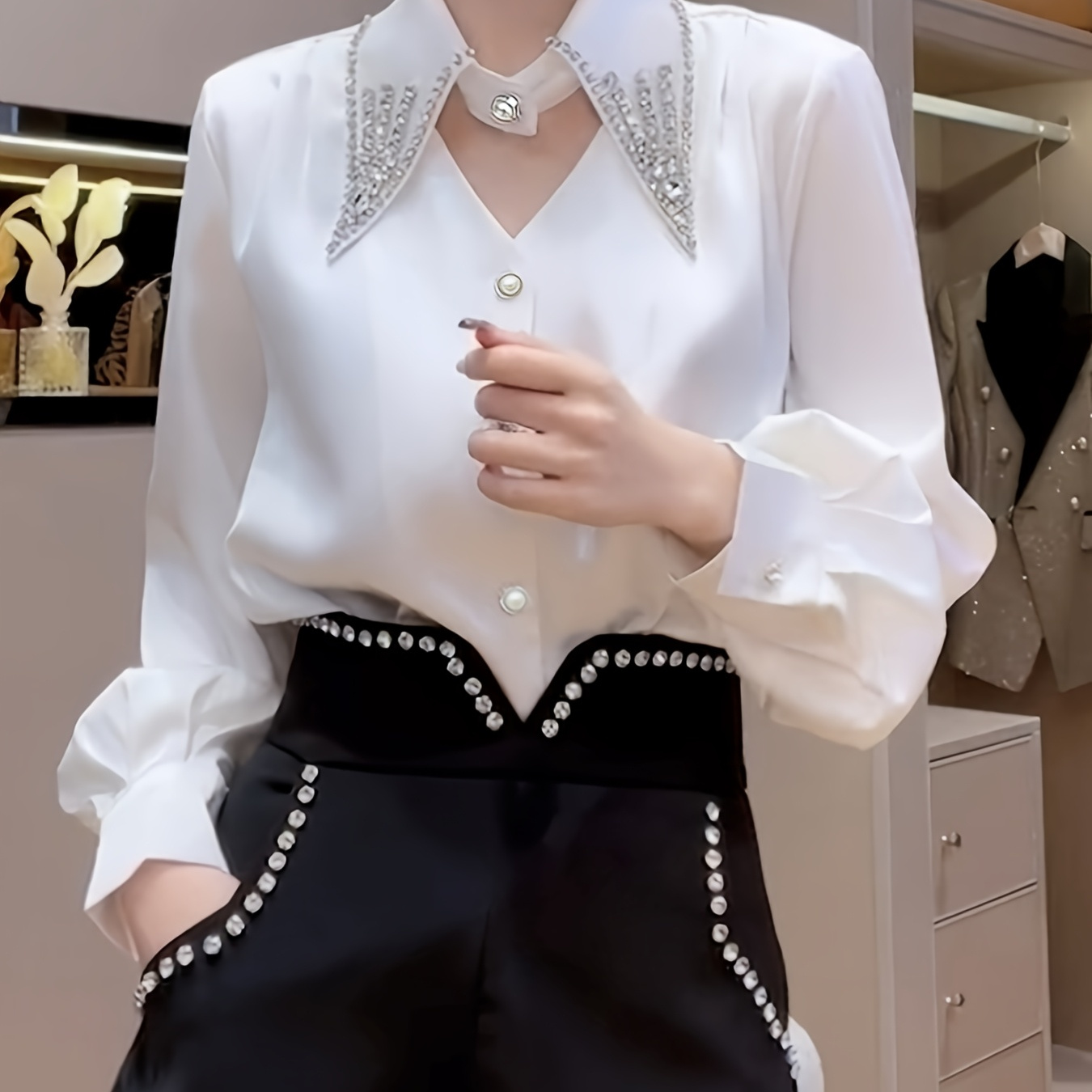 

Women's Elegant French Style Shirt With Embellished Puff Sleeves, Solid Color, Lapel Collar, Regular Length, Polyester Blouse, Woven Fabric, 180g/m² - Professional Workwear