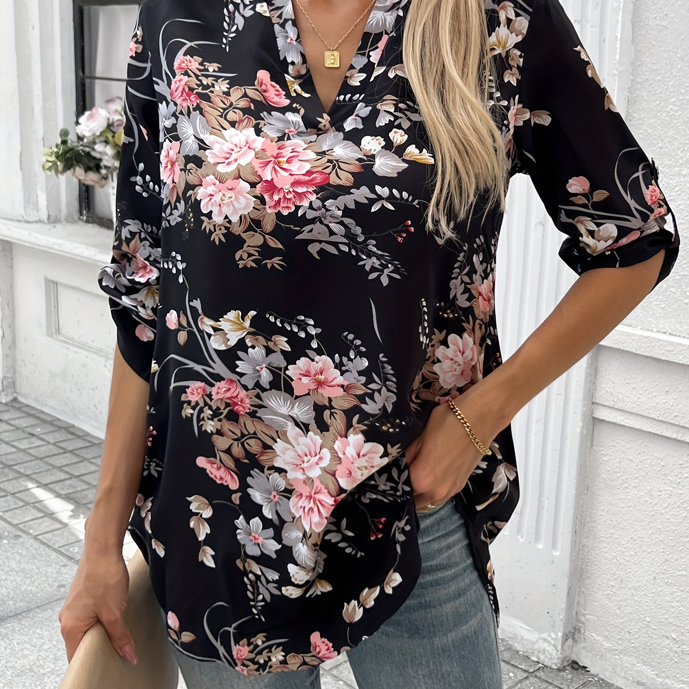 

Blouse à col en V à imprimé floral pour femme, chemise décontractée à manches mi-longues et boutonnée, % polyester, coupe standard, -plaquettage, printemps/été/automne, tenue décontractée pour le