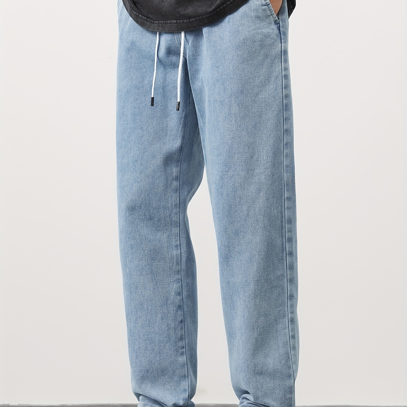 

Pantalon en Denim délavé uni pour hommes, avec poches, jean baril décontracté en coton mélangé à cordon de serrage pour activités de plein air, cadeau