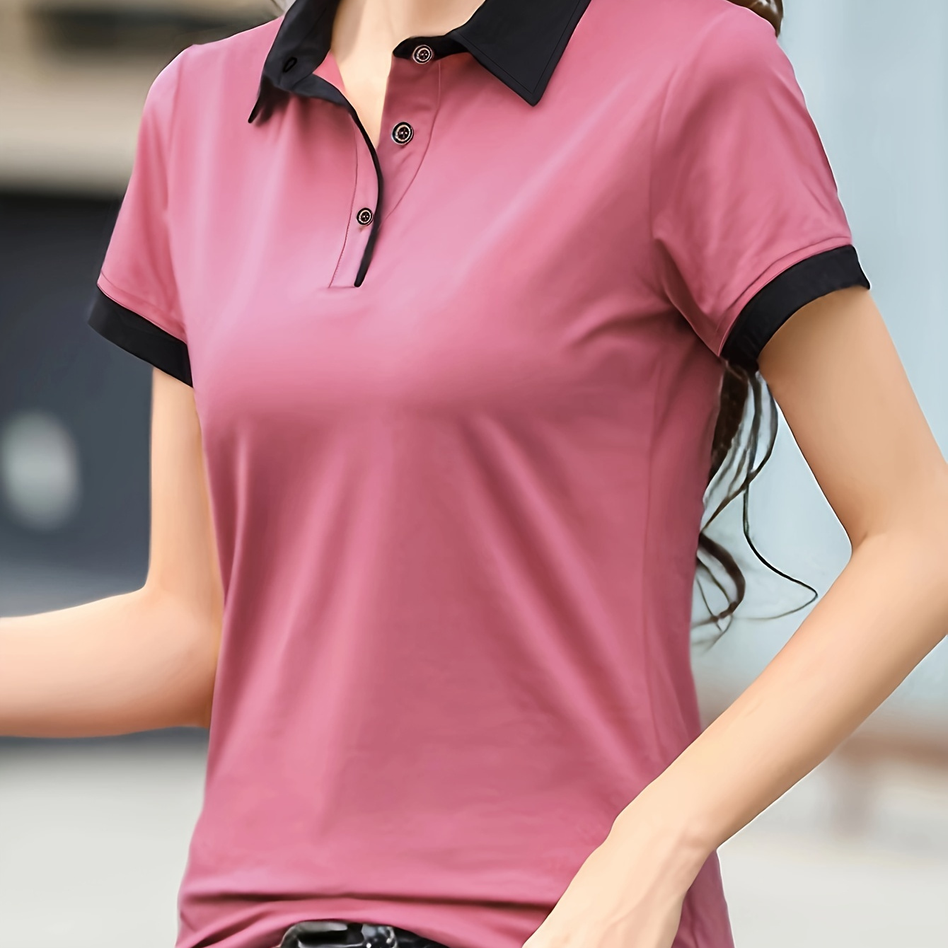 

Contrast Trim Collar T-shirt, Casual Short Sleeve Top For Spring & Summer, Women's Clothing