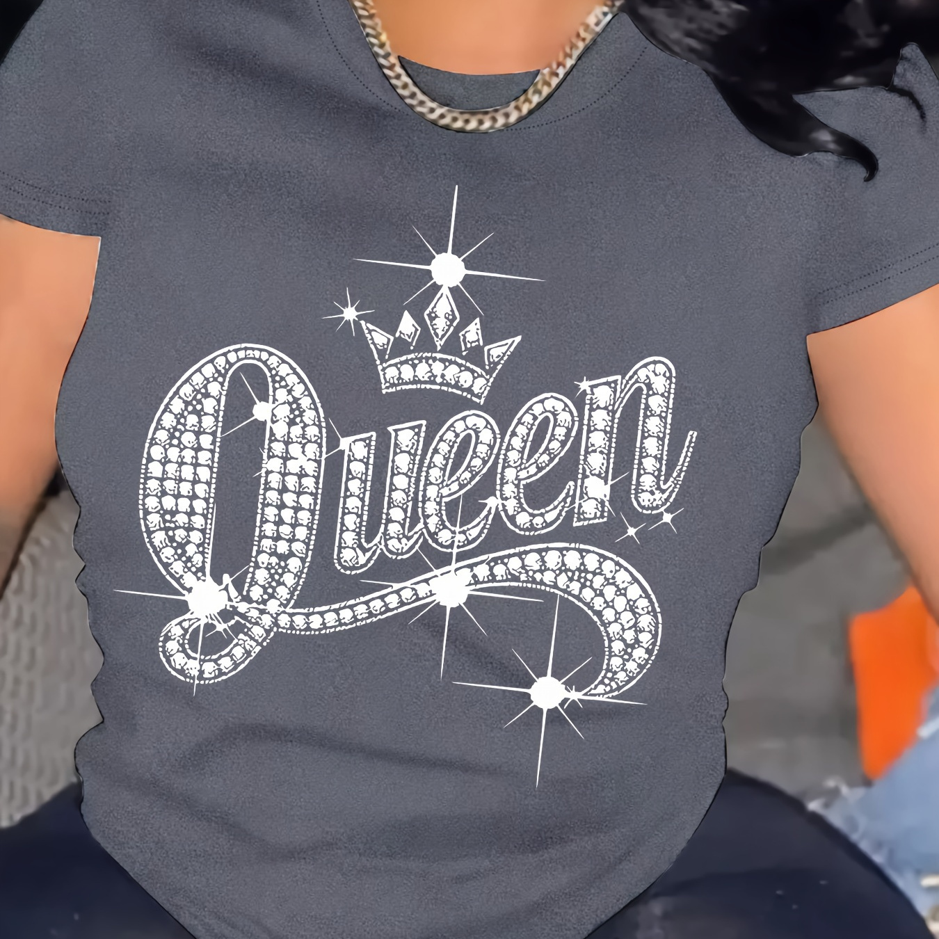 

T-shirt à col rond imprimé Queen grande taille, T-shirt décontracté à manches courtes pour et l’été, vêtements grande taille pour femmes