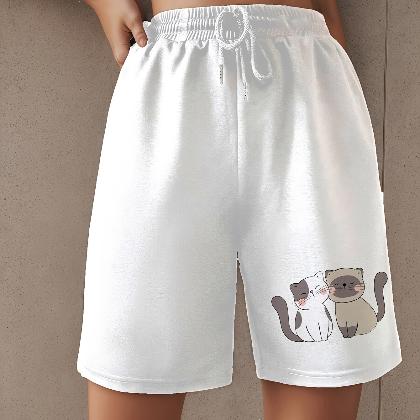 

Cute Cat Print Drawstring Waist Shorts, Casual Sporty Shorts For Summer & Spring, Women's Clothing